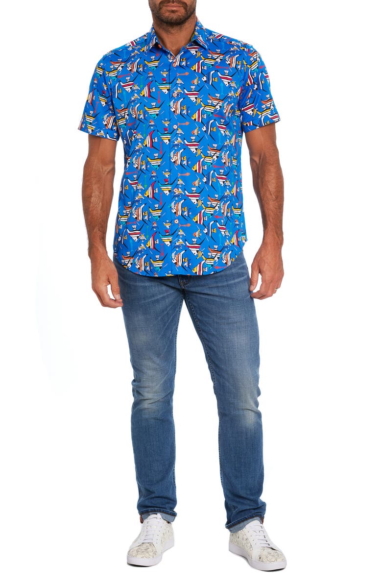 Robert Graham Gone Fishing Stretch Print Short Sleeve Button-Up Shirt, Alternate, color, Blue