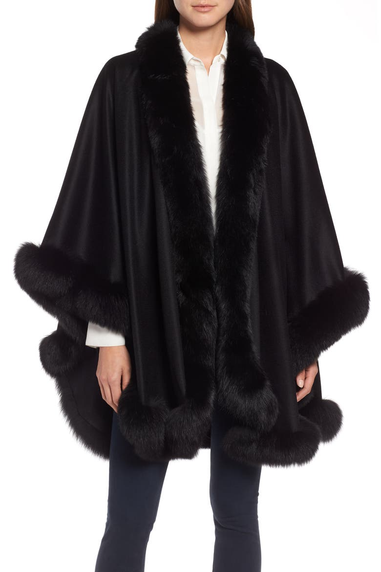 Genuine Fox Fur Trim Cashmere Cape, Main, color, BLACK