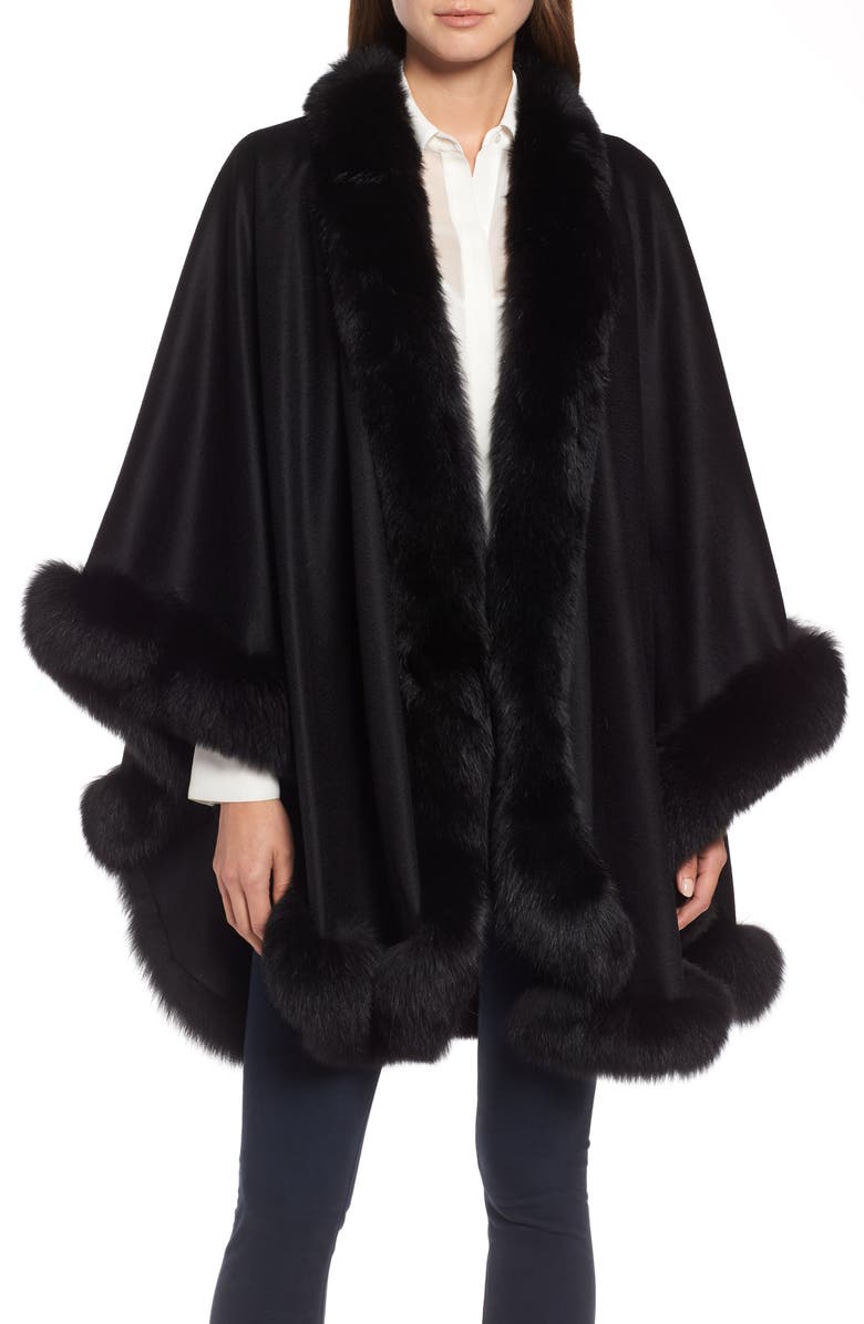 Sofia Cashmere Genuine Fox Fur Trim Cashmere Cape, Main, color,