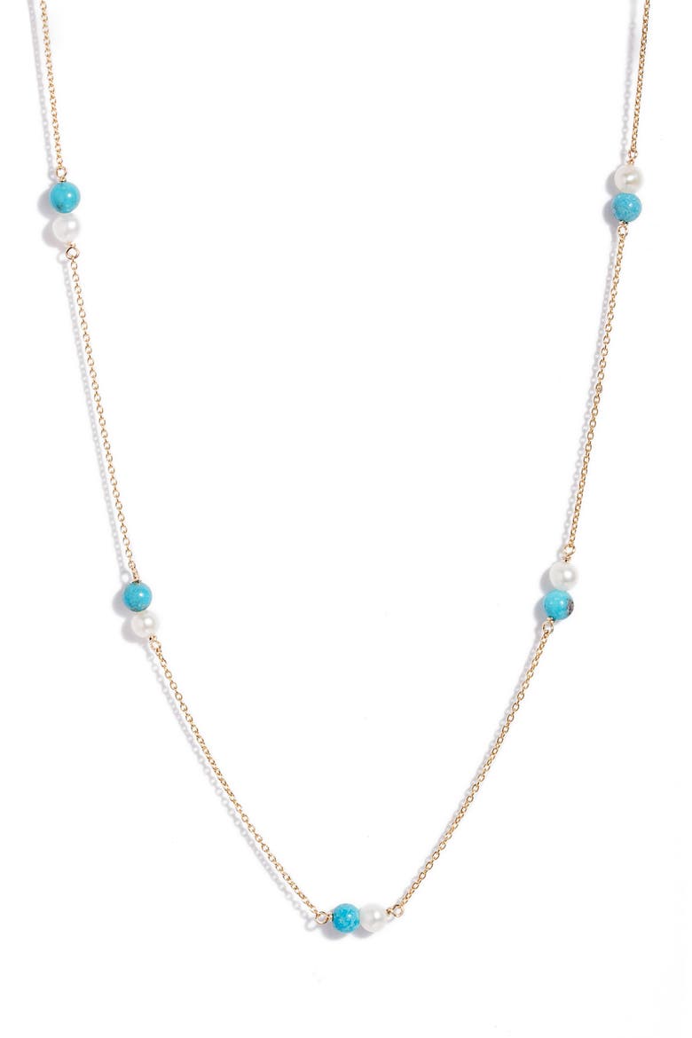 Cultured Pearl & Turquoise Station Necklace, Main, color, 14KYG