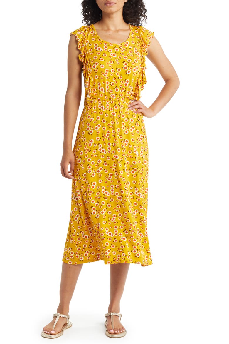 Floral Print Flutter Sleeve Dress, Main, color, SUNFLOWER