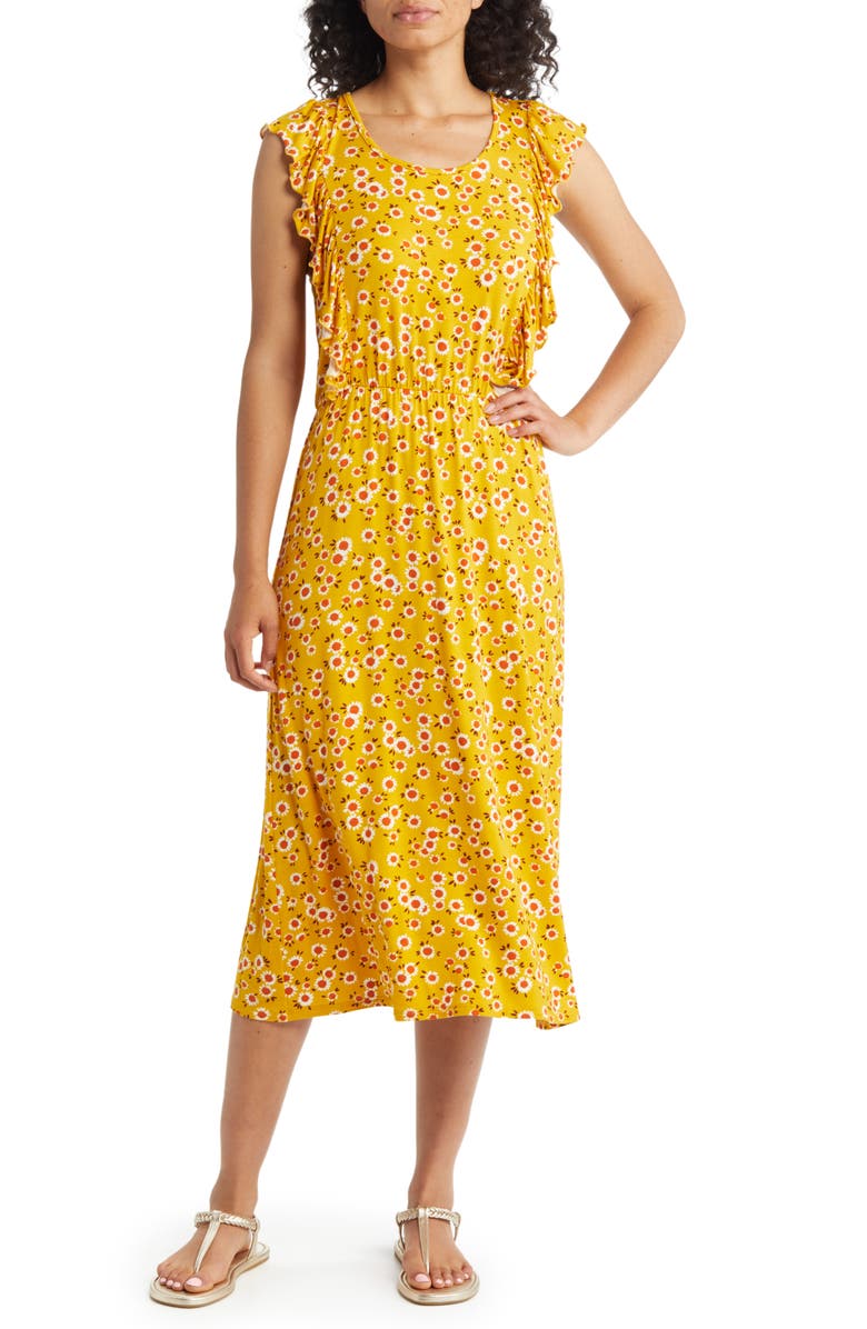 Loveappella Floral Print Flutter Sleeve Dress, Main, color, Sunflower