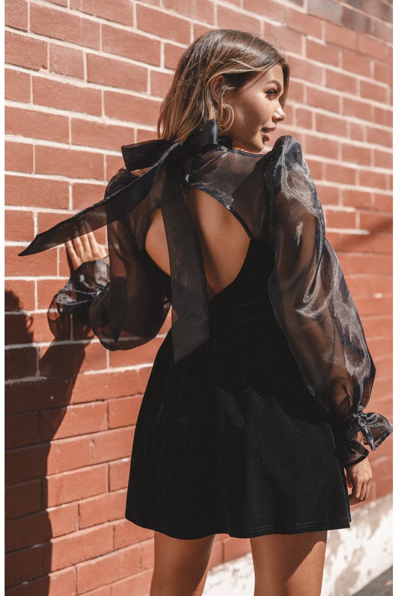 Blaire Organza & Velvet Long Sleeve Minidress, Alternate, color, BLACK