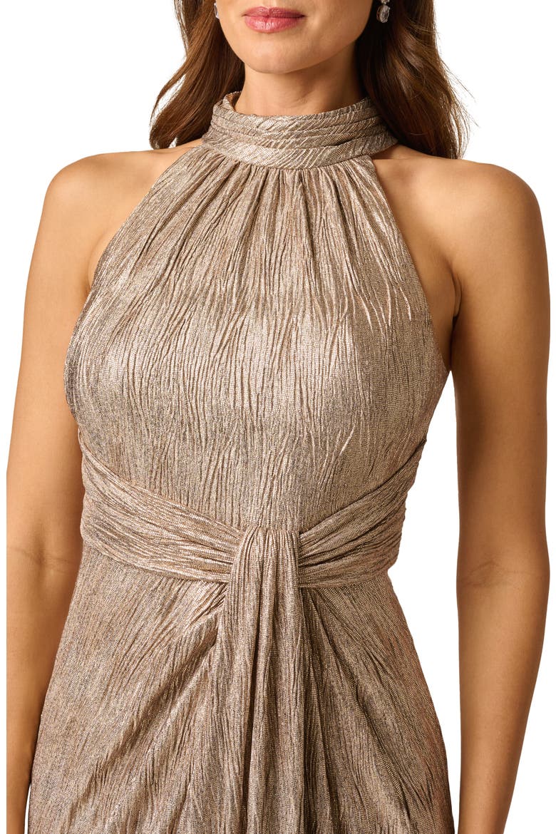 Crinkle Metallic Draped Stretch Halter Gown, Alternate, color, GOLD