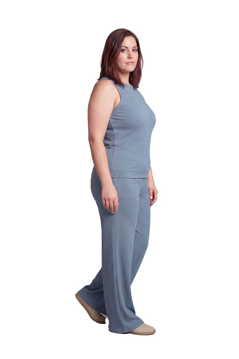 Curvy Basic Ribbed Knit Tank Top and Elastic Waist Wide Leg Pant Set, Alternate, color, Denim
