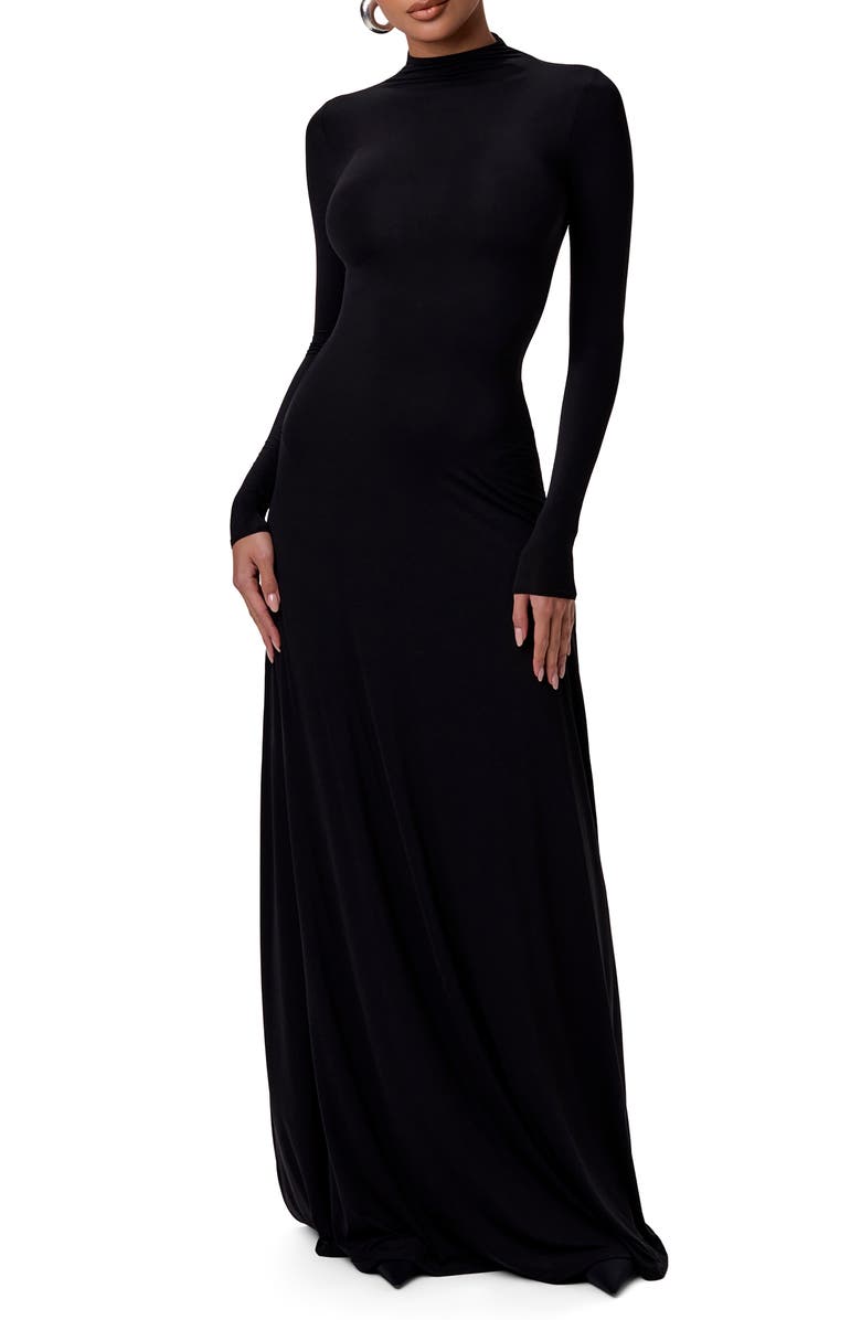 Naked Wardrobe Mock Neck Long Sleeve Maxi Dress, Main, color, Black