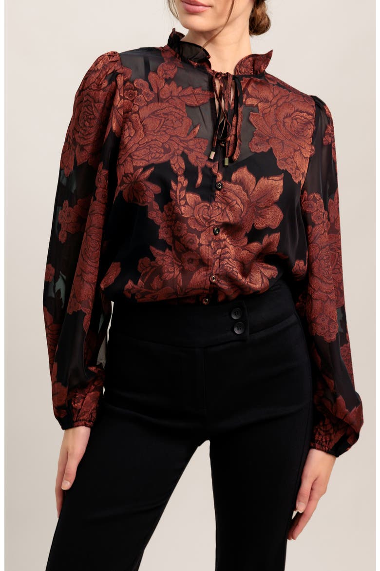 Floral Jacquard Tie Neck Top, Main, color, BLACK
