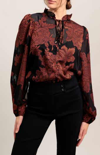 Floral Jacquard Tie Neck Top
