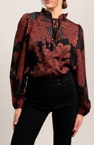 FLYING TOMATO Floral Jacquard Tie Neck Top