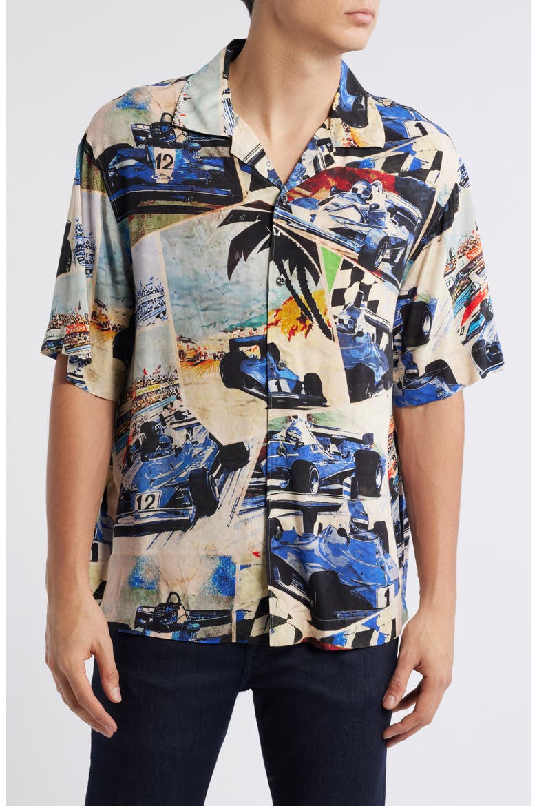Espino Race Car Print Camp Shirt, Main, color, OPEN BLUE