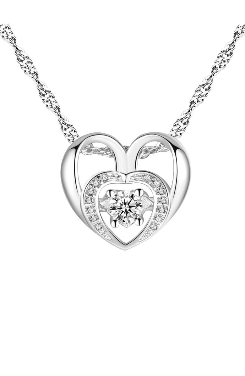 Hollywood Sensation White Gold Double Heart Necklace with Cubic Zirconia Necklace, Main, color, Silver