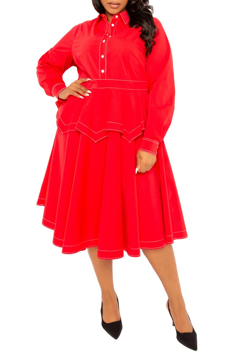 Topstitched Long Sleeve Peplum Shirtdress, Alternate, color, RED
