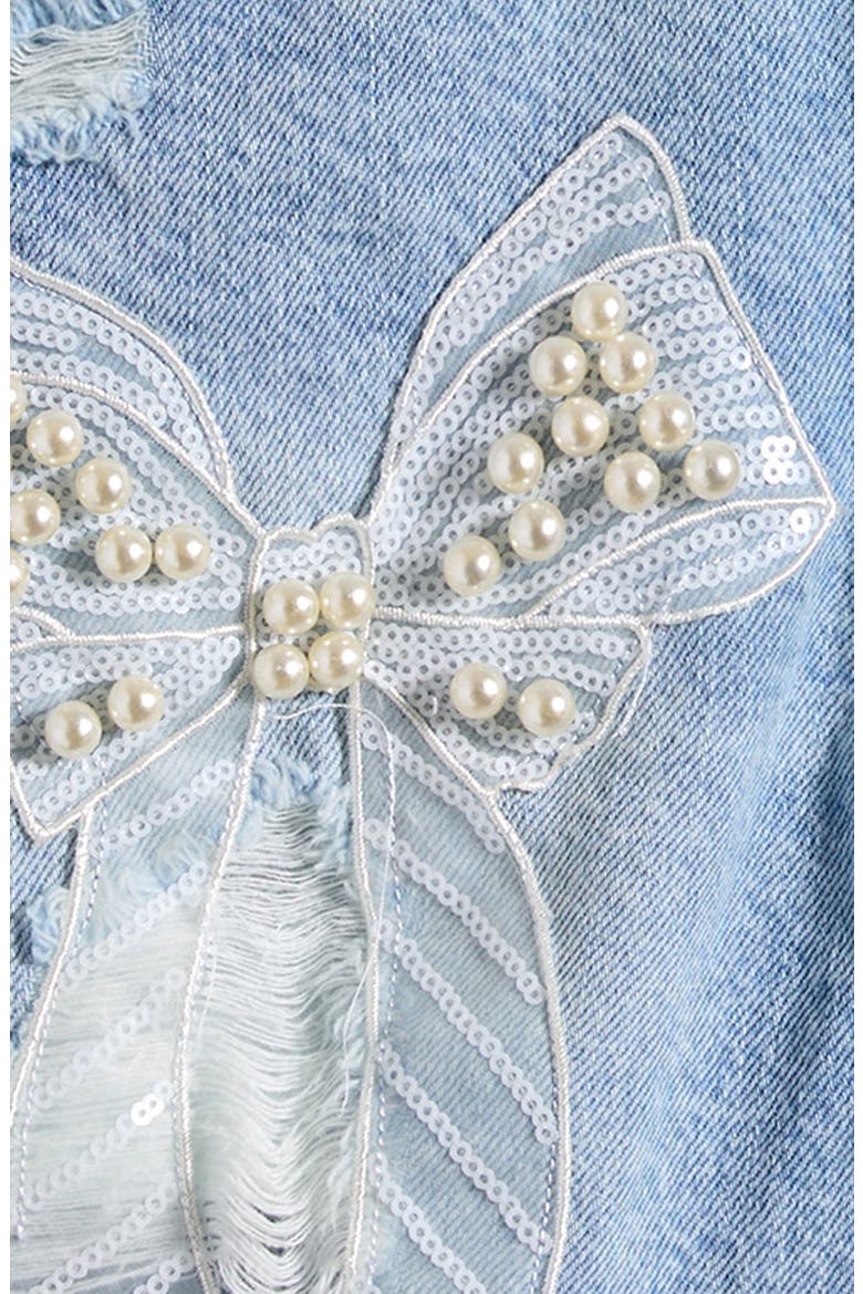 Kids' Faux Pearl & Sequin Bow Denim Cutoff Shorts, Alternate, color, WASHED INDIGO