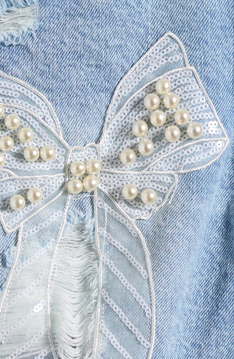 Tractr Kids' Faux Pearl & Sequin Bow Denim Cutoff Shorts, Alternate, color, Washed Indigo