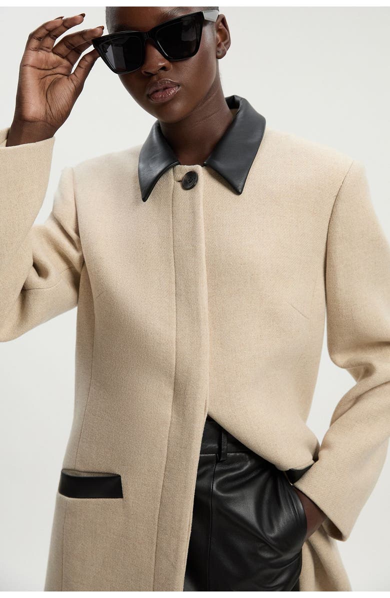Karen Millen Wool Pu Mix Tailored Midi Coat, Alternate, color, Oatmeal