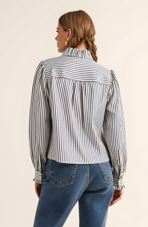 Modenaire Striped Puff Sleeve Blouse With Ruffled Trim And Covered Placket In Blue