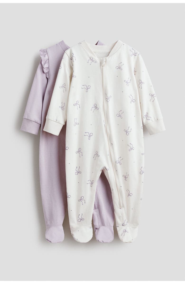 H&M 2-pack Zip-up Sleepsuits, Main, color, Light Purple/Bows