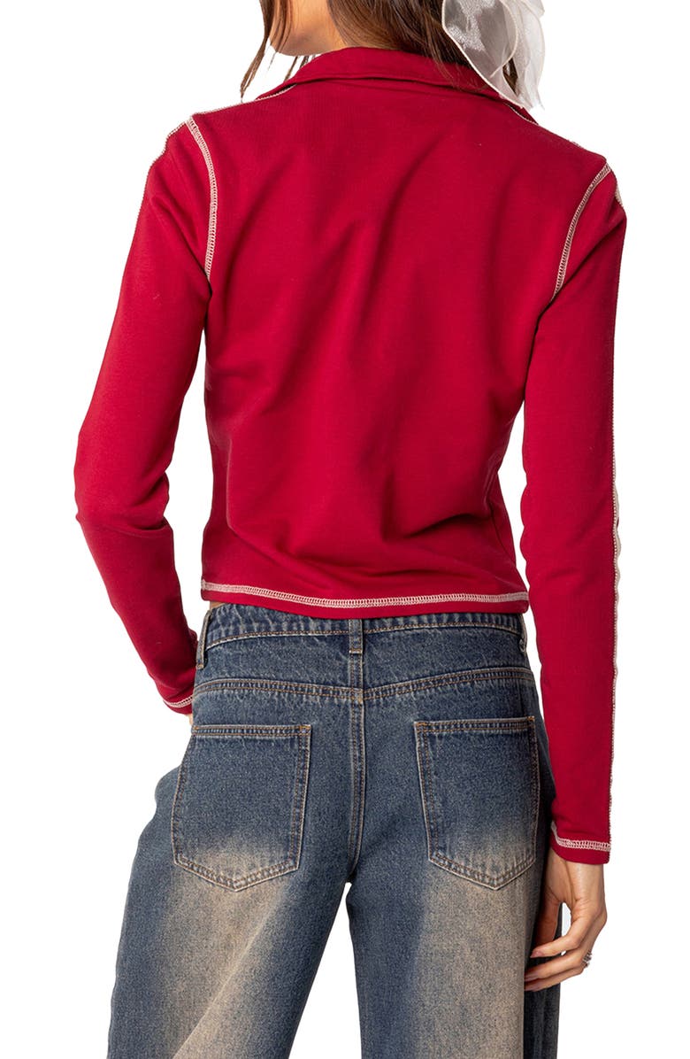 EDIKTED Gio Contrast Stitch Crop Sweatshirt, Alternate, color, Red
