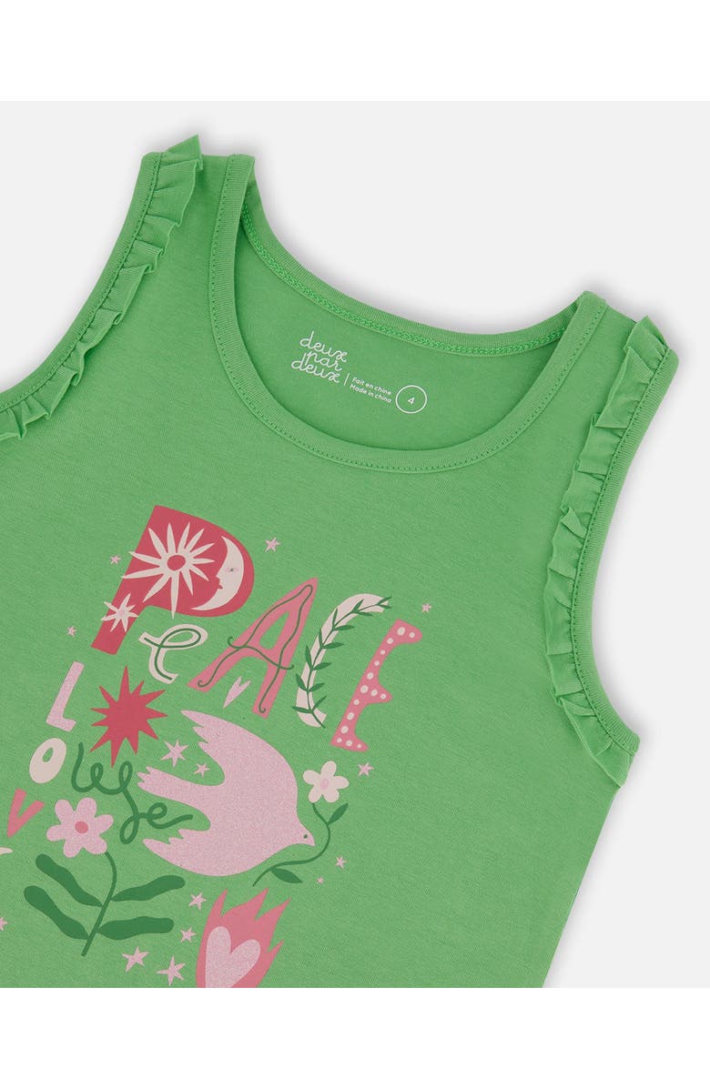 Deux par Deux Little Girl's Organic Cotton Tank With Frills Flowers On Green Background, Alternate, color, Flowers On Green Background