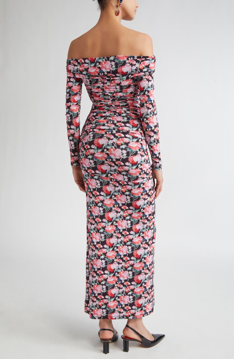 Carolina Herrera Peony Print Ruched Long Sleeve Off the Shoulder Jersey Dress, Alternate, color, Pink Multi