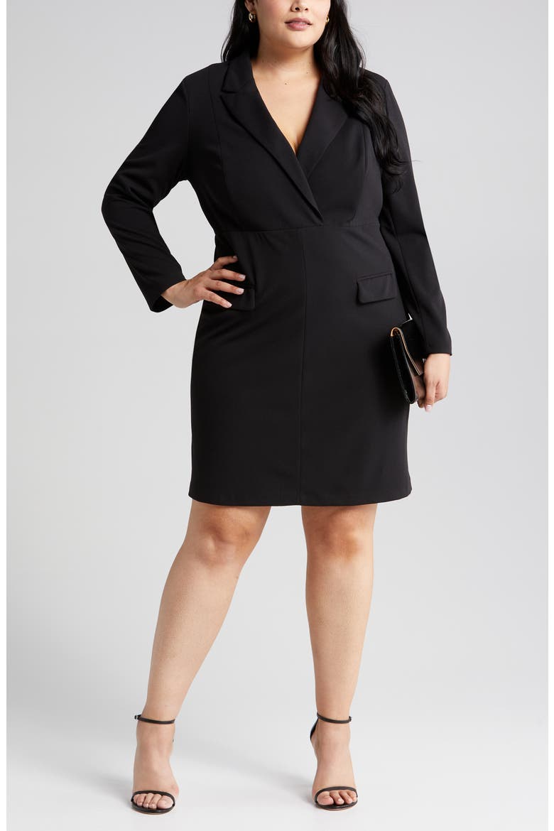 Long Sleeve Tuxedo Dress, Main, color, BLACK