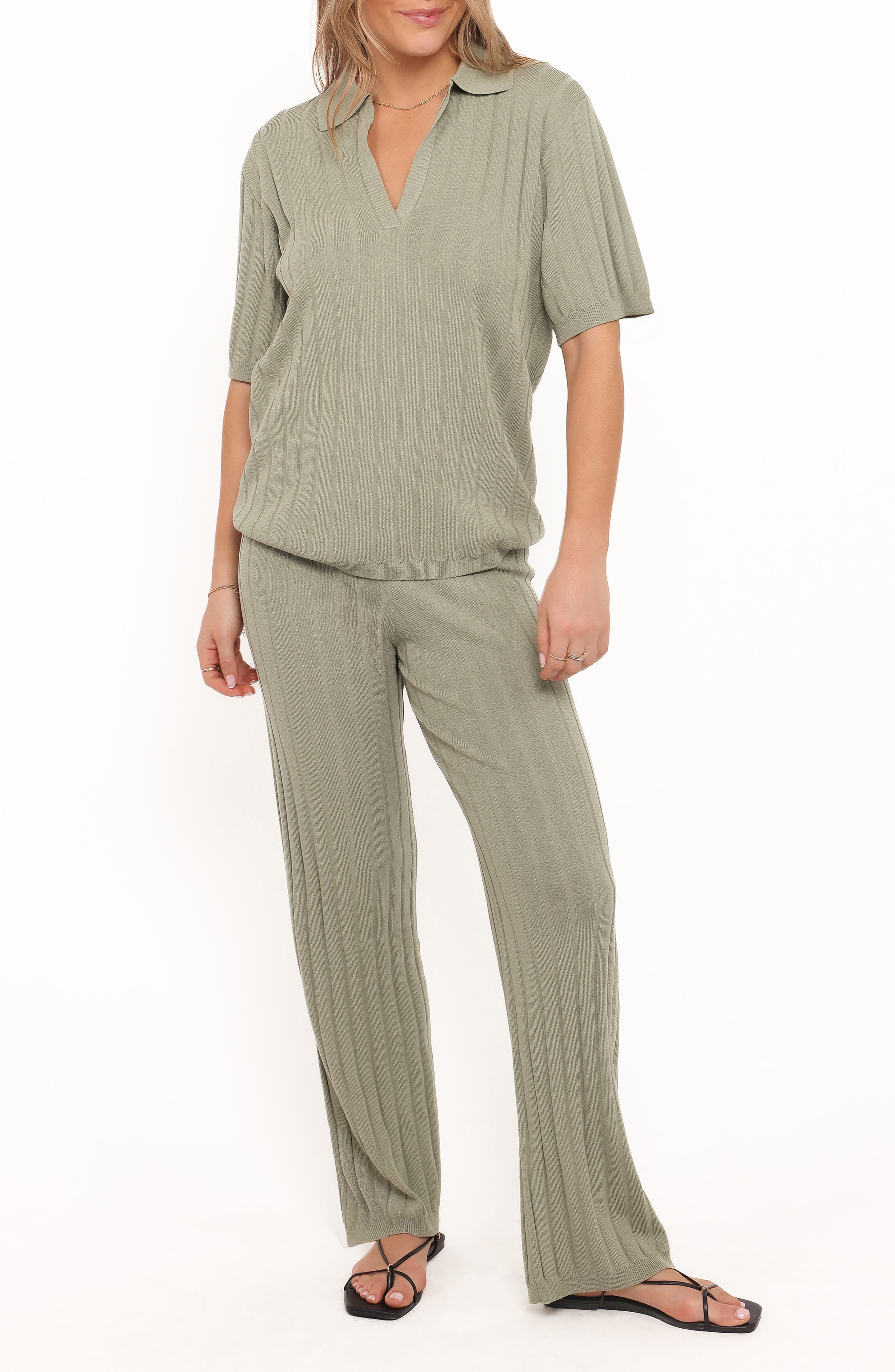 Petal & Pup Yulissa Rib Polo Top & Wide Leg Pants in Khaki Green 