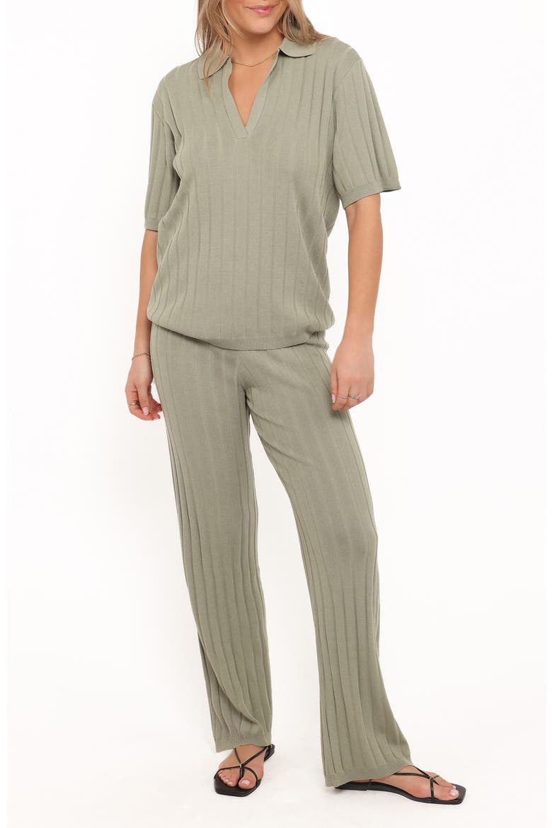 Yulissa Rib Polo Top & Wide Leg Pants, Main, color, KHAKI GREEN