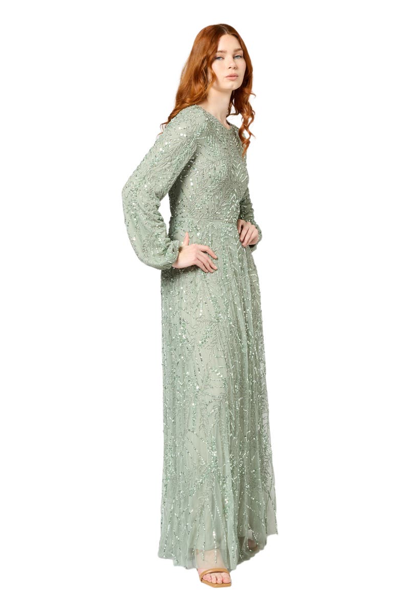 MARYISA Modest Embellished Sequin Beaded Long Maxi Dress, Alternate, color, Sage Green