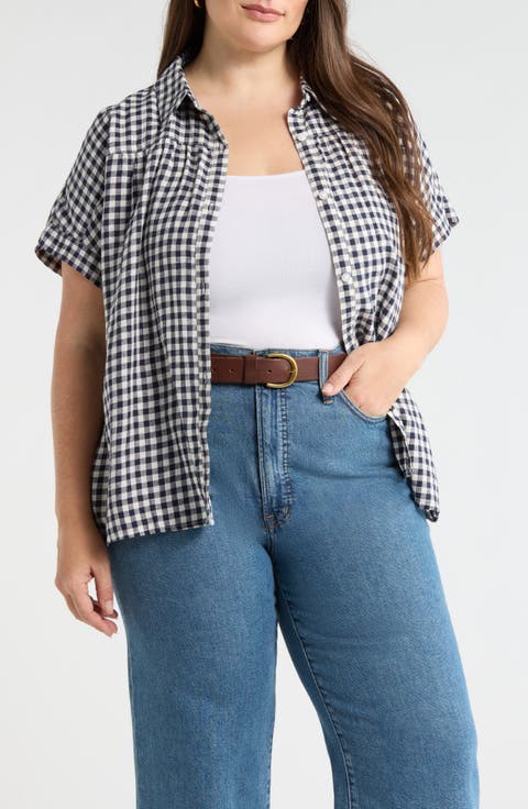 Linen Blend Button-Up Shirt (Plus)