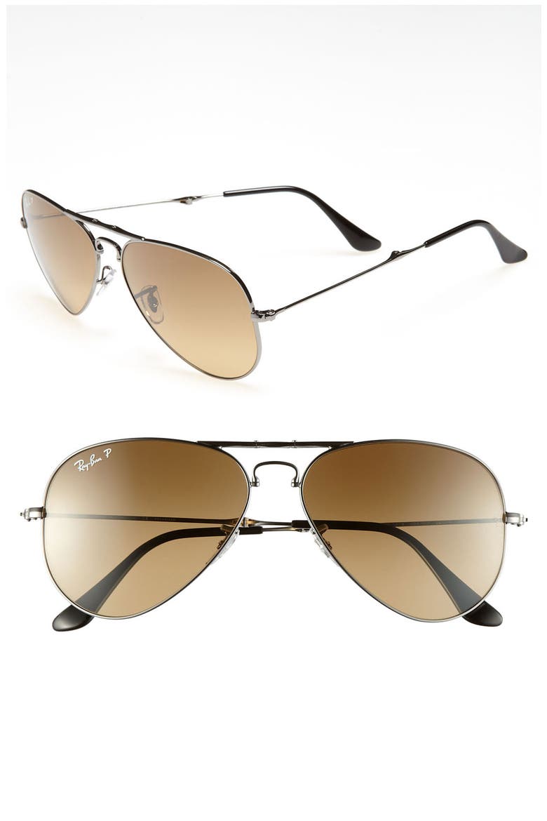 58mm Polarized Folding Aviator Sunglasses, Main, color, SHINY GUNMETAL/ BROWN GRADIENT