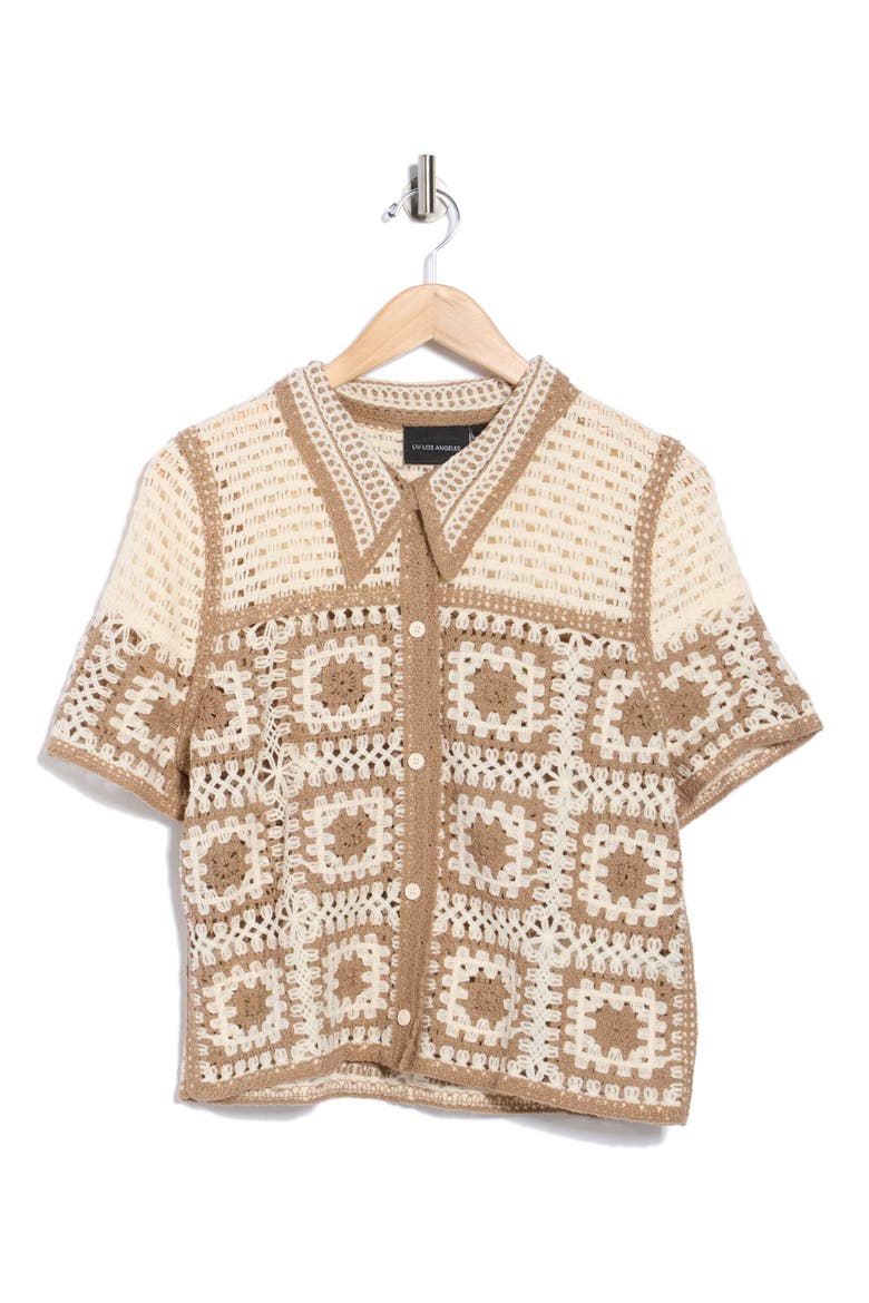Open Knit Square Short Sleeve Cardigan, Alternate, color, NATURAL/ MOCHA