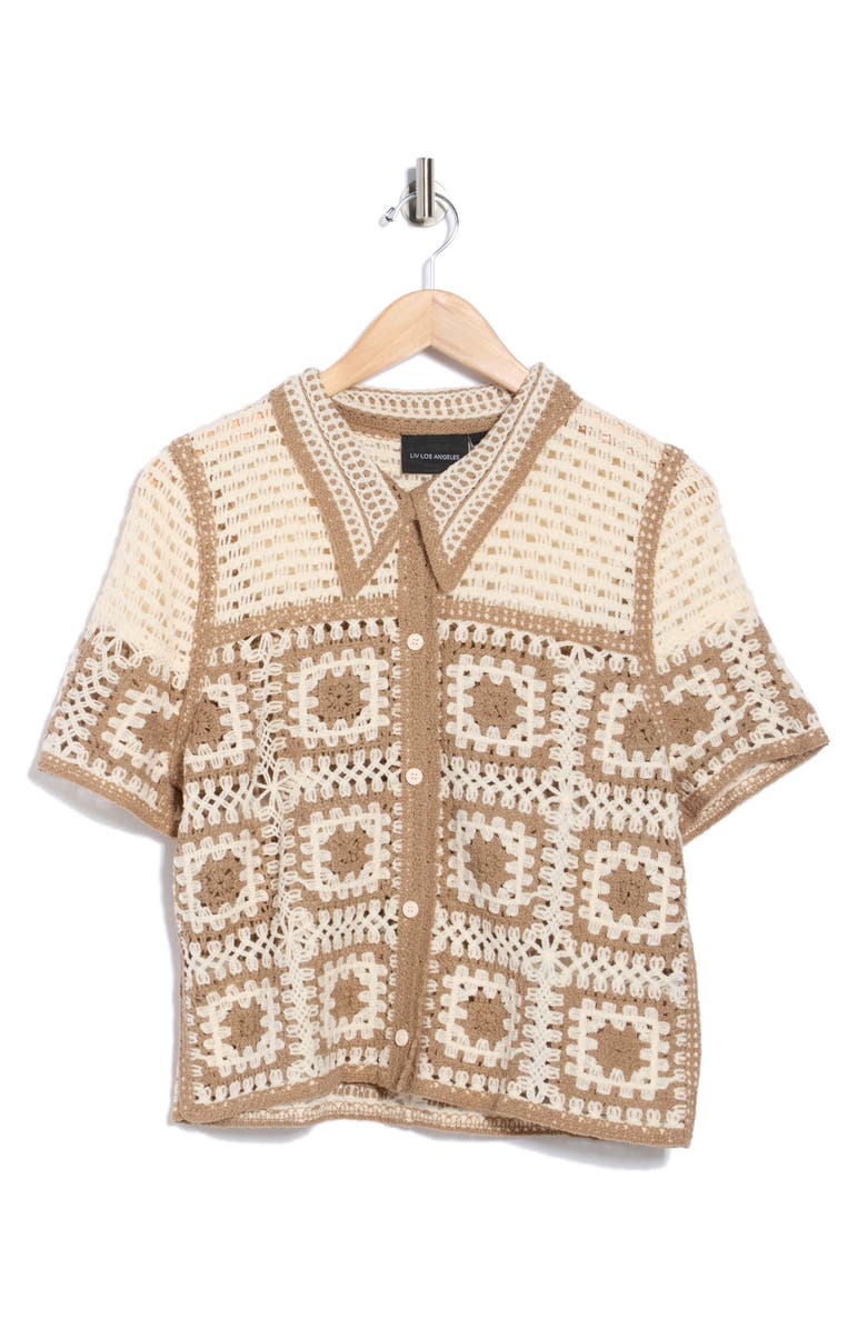 Forgotten Grace Open Knit Square Polo Sweater, Alternate, color, Natural/ Mocha