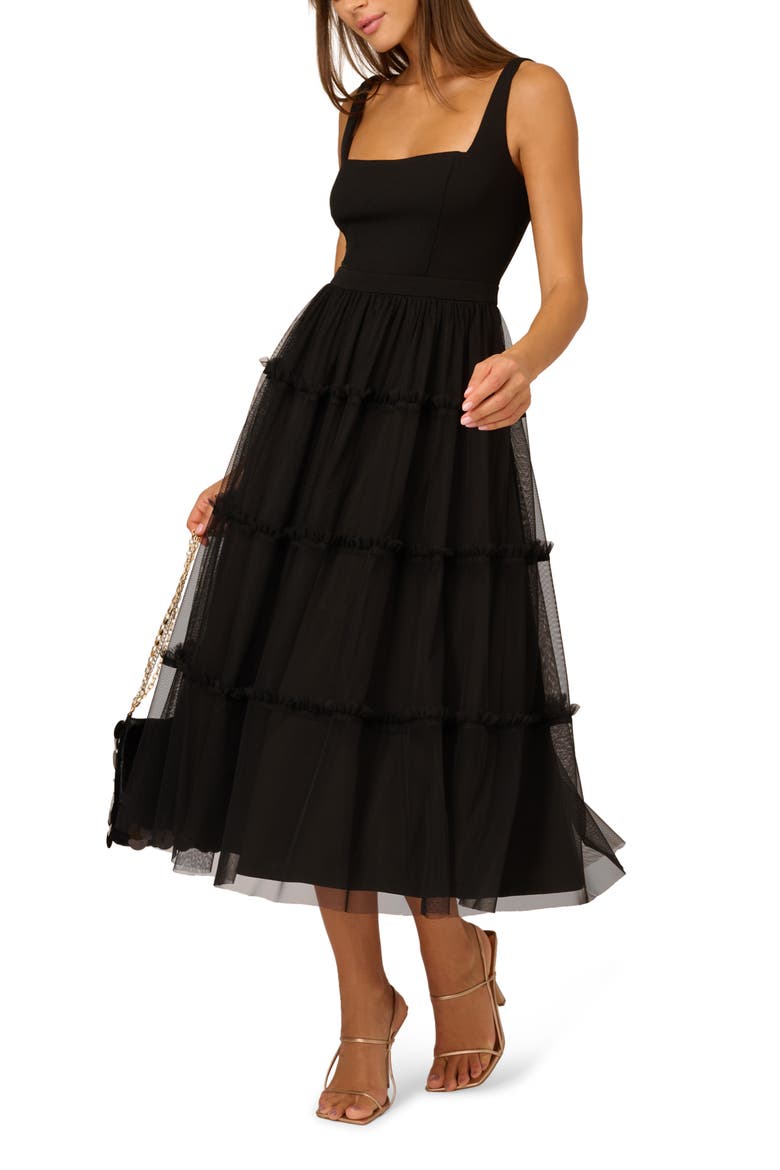 Mesh Overlay Tiered Midi Cocktail Dress, Alternate, color, BLACK
