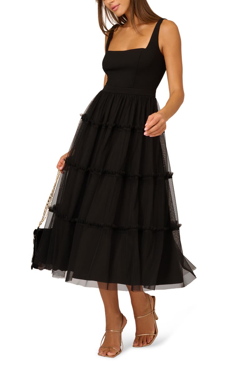 Adrianna Papell Mesh Overlay Tiered Midi Cocktail Dress, Alternate, color, Black