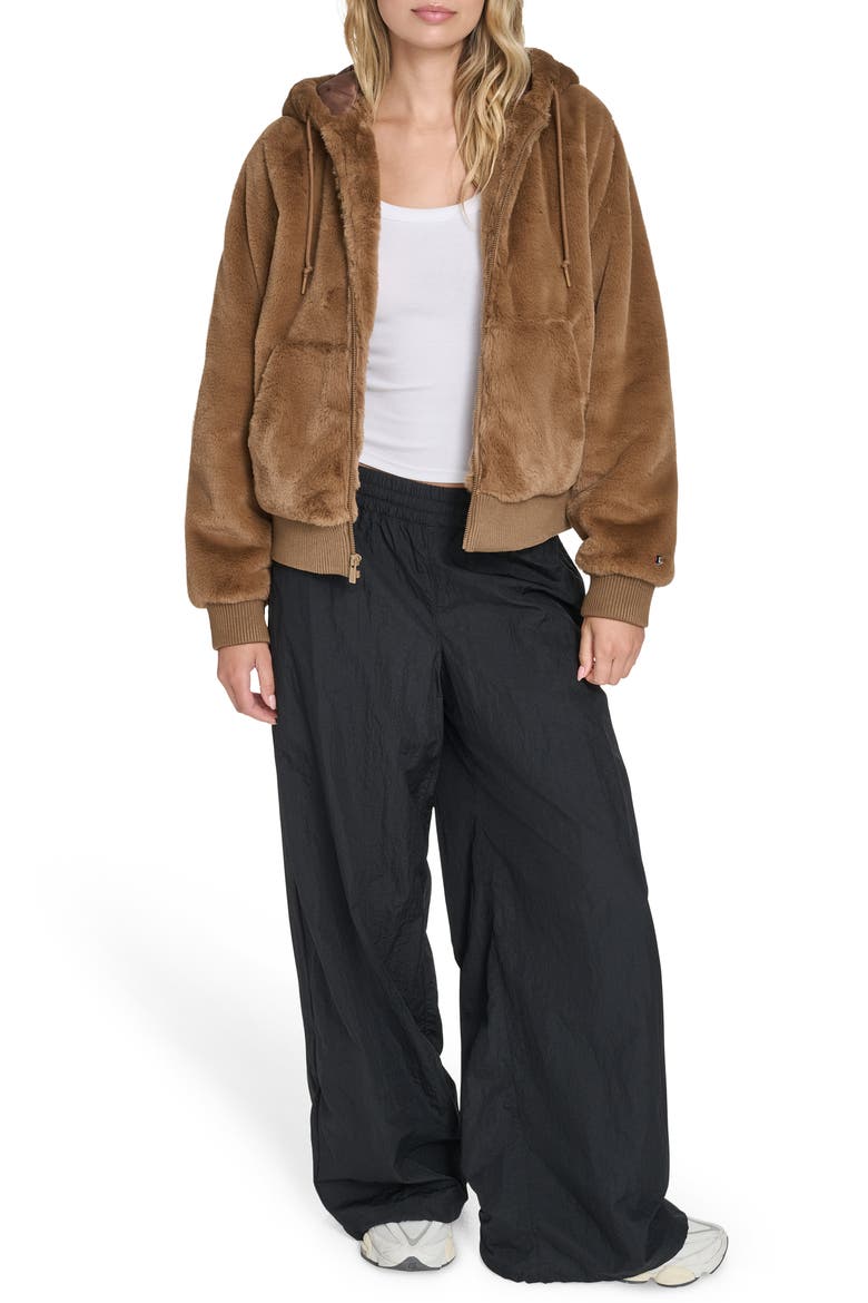 Faux Fur Bomber Hoodie, Alternate, color, COGNAC