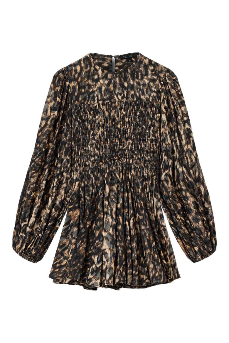 Chia Smock Bodice Long Sleeve Cotton Blend Minidress, Alternate, color, PROWL GOLDEN BROWN