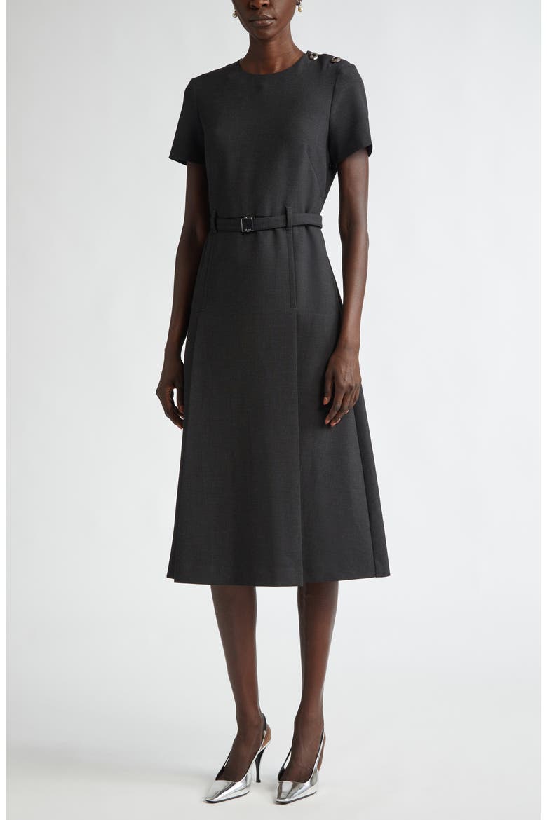Luxe Ponte Belted A-Line Dress, Main, color, DARK HEATHER GREY