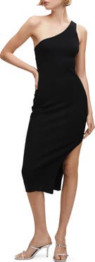 MANGO One-Shoulder Side Slit Rib Midi Dress