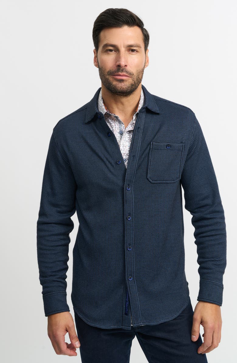 Robert Graham Bressett Houndstooth Knit Button-Up Shirt, Alternate, color, Navy