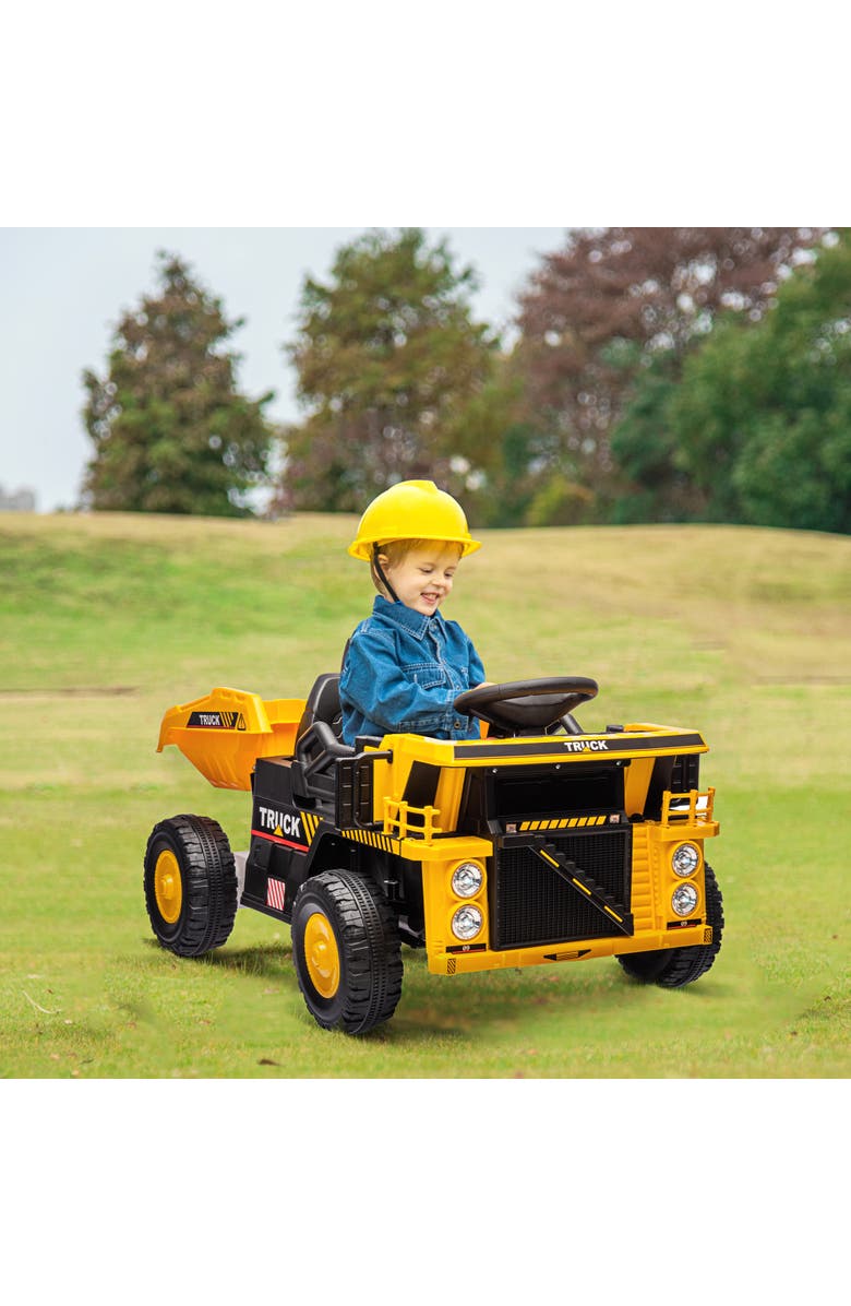 Qaba 12V Kids Ride on Dump Truck w/ Electric Dump Bed, Shovel, Alternate, color, Yellow