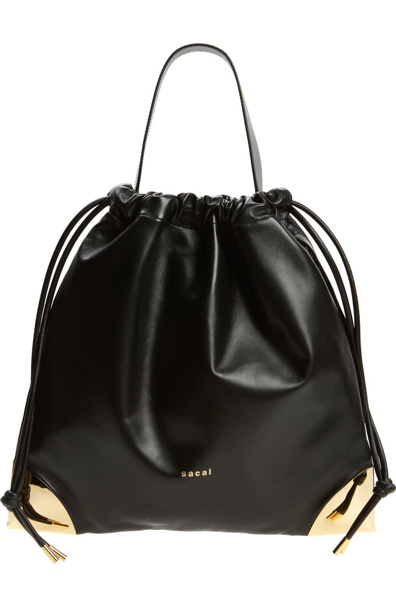 Sacai Corner Metal Leather Drawstring Bag, Main, color,