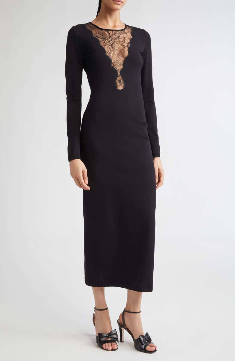 Giambattista Valli Lace Detail Long Sleeve Knit Dress, Main, color, Black