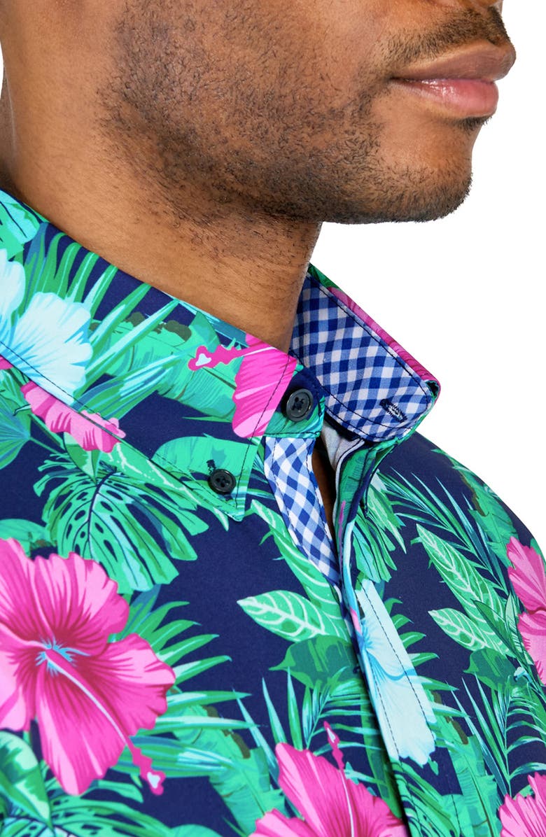 CONSTRUCT Slim Fit Large Hibiscus Recycled 4-Way Stretch Performance Short Sleeve Shirt, Alternate, color, Multi