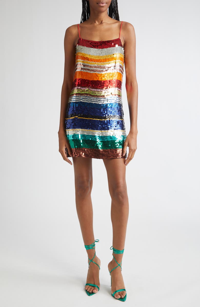 Alice + Olivia Bridget Rainbow Stripe Sequin Minidress, Main, color,