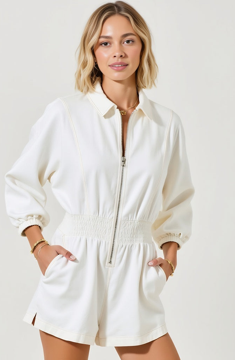 Modenaire Zip Front Long Sleeve Romper with Elastic Waist and Collar Detail, Alternate, color, White