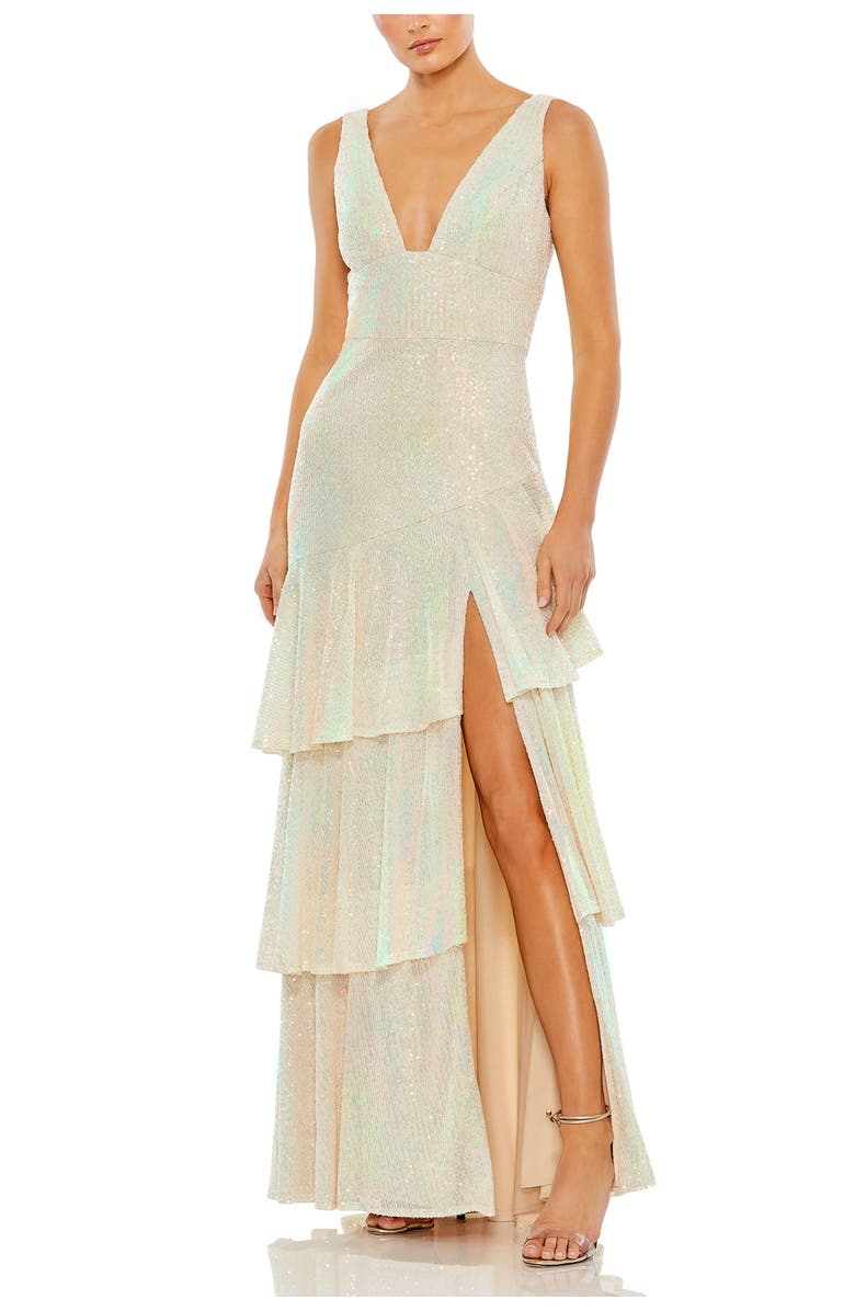 Mac Duggal Sequin Asymmetrical Ruffle Tiered Gown, Main, color,