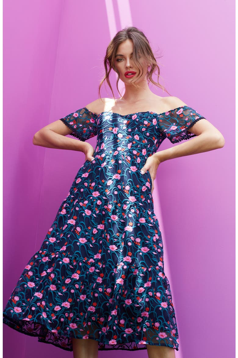 River Embroidered Floral Off the Shoulder Dress, Alternate, color, NAVY MULTI