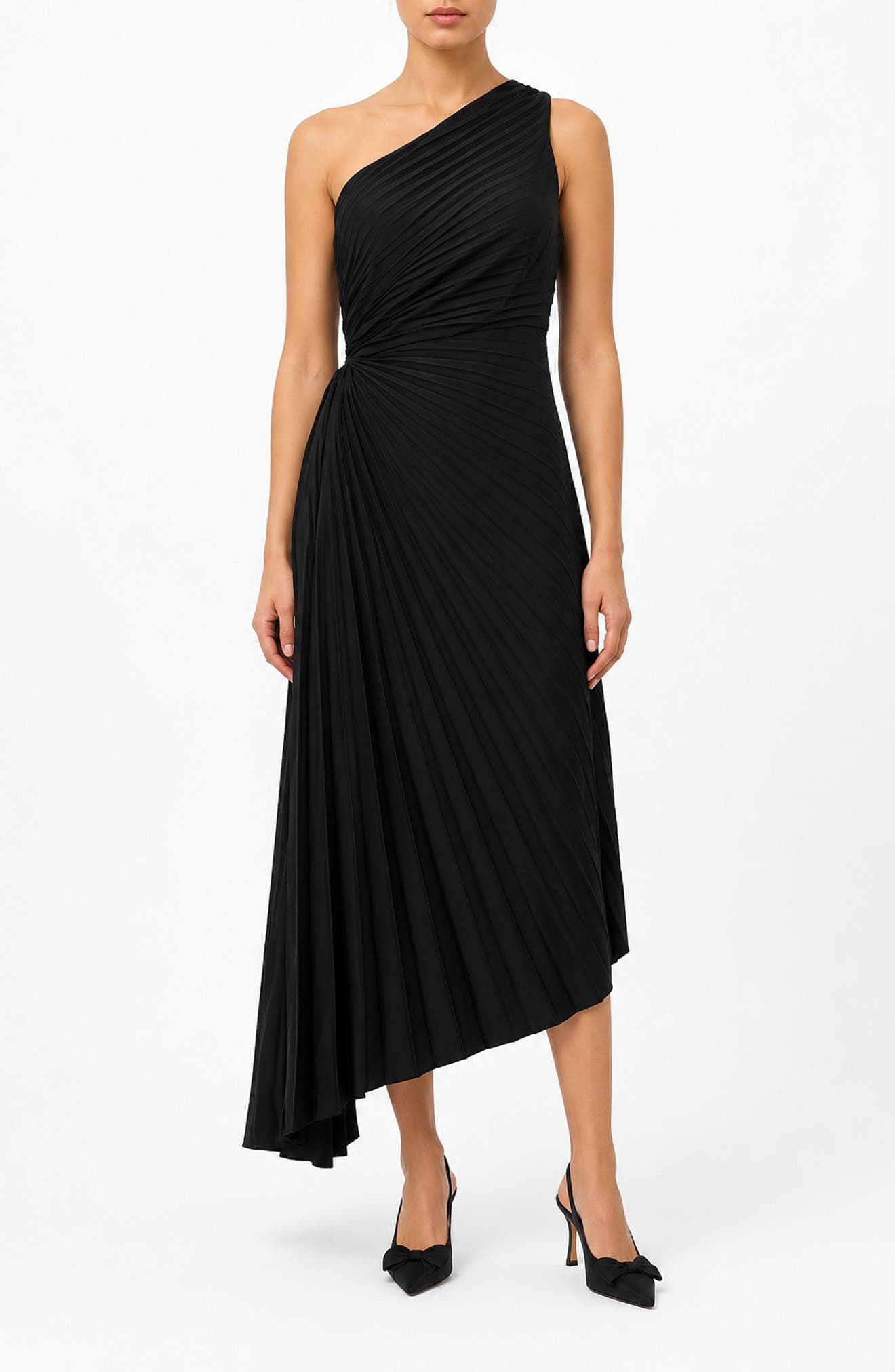 Satin Pleat One Shoulder Midi Dress
