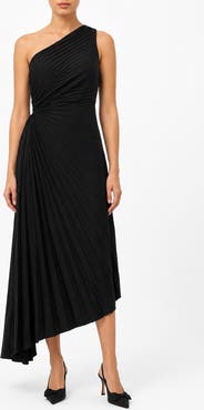 Nicole Miller Satin Pleat One Shoulder Midi Dress