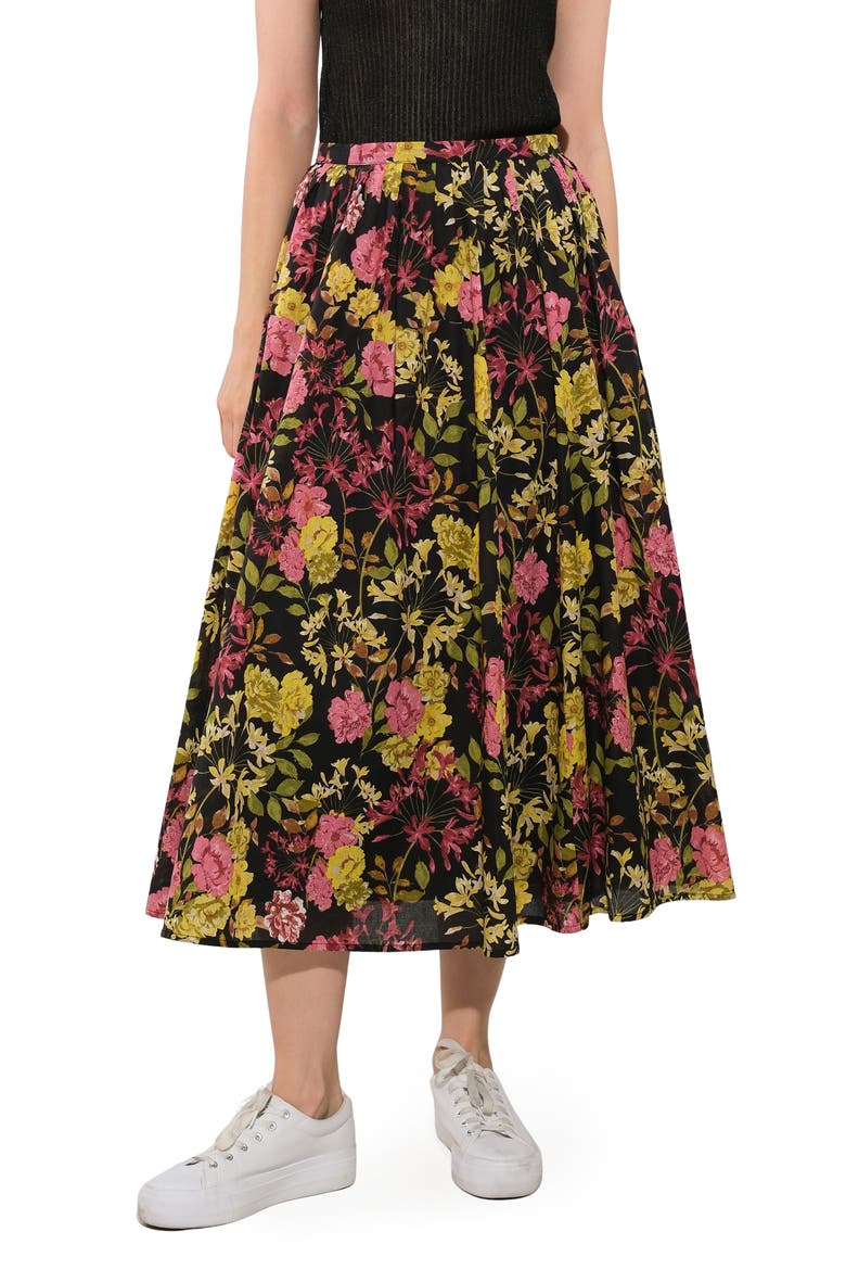 Floral Pleated Midi Skirt, Main, color, BLACK